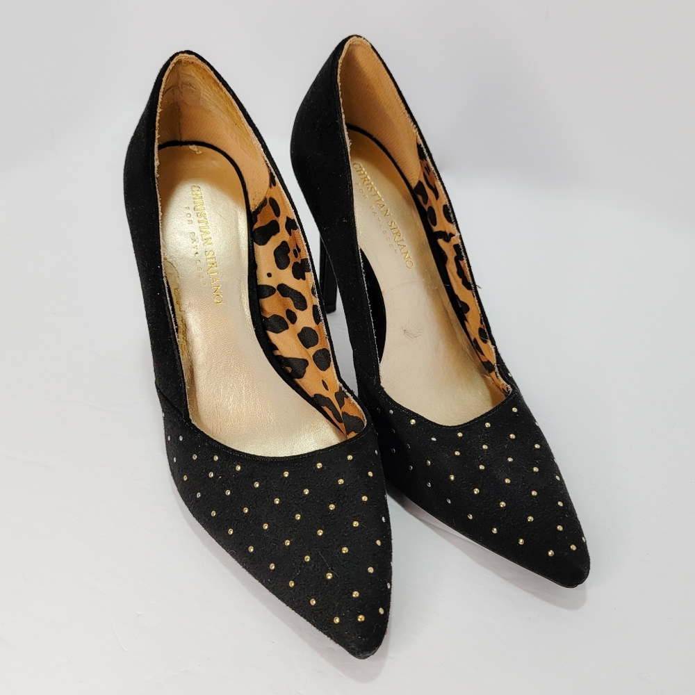 Christian Siriano | Black Suede Pointed Heel Gold Beaded Studs | Size 8.5